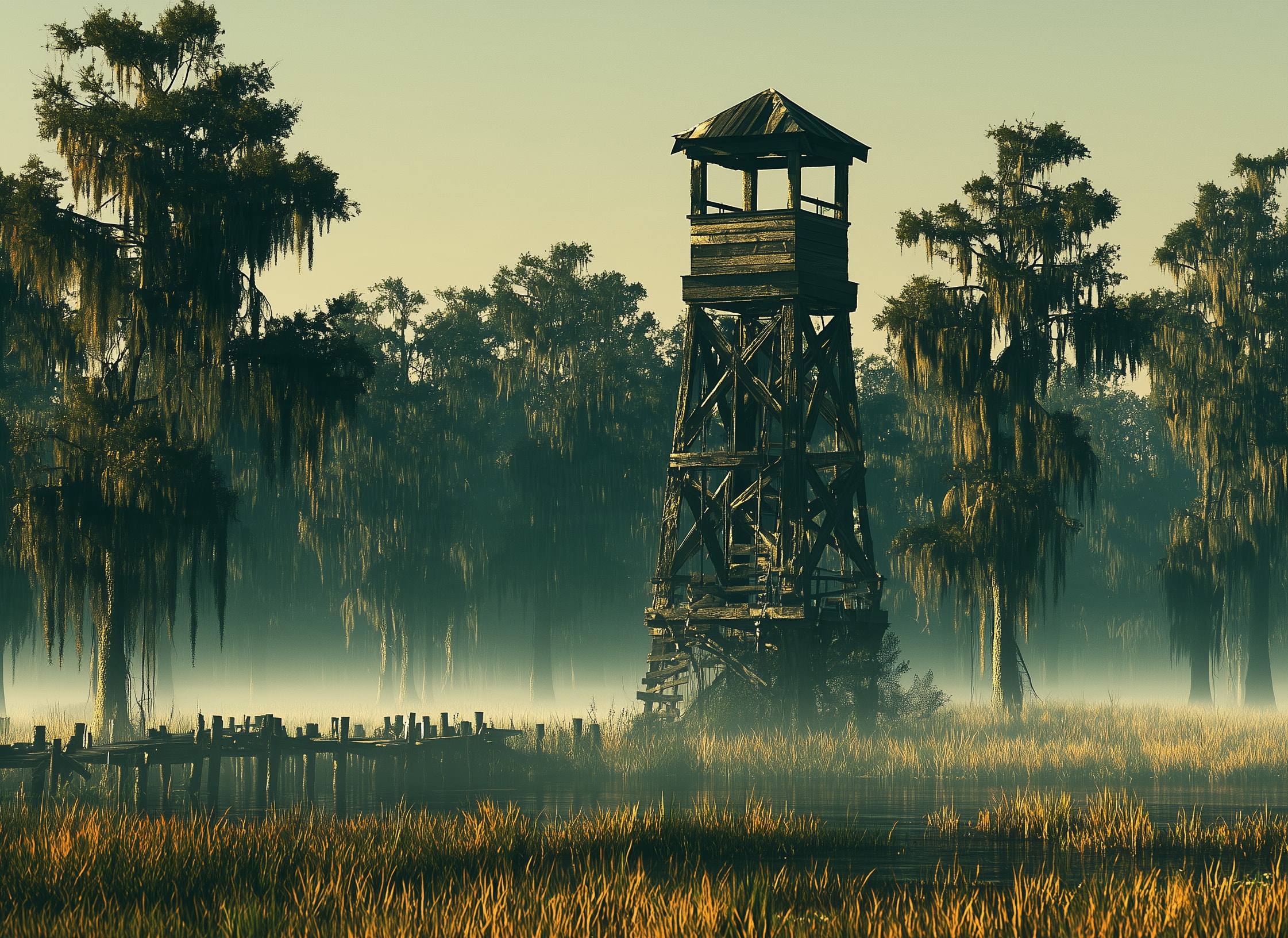 An old wooden fire watchtower rising from a misty Southeast Texas marsh among moss-draped cypress trees.