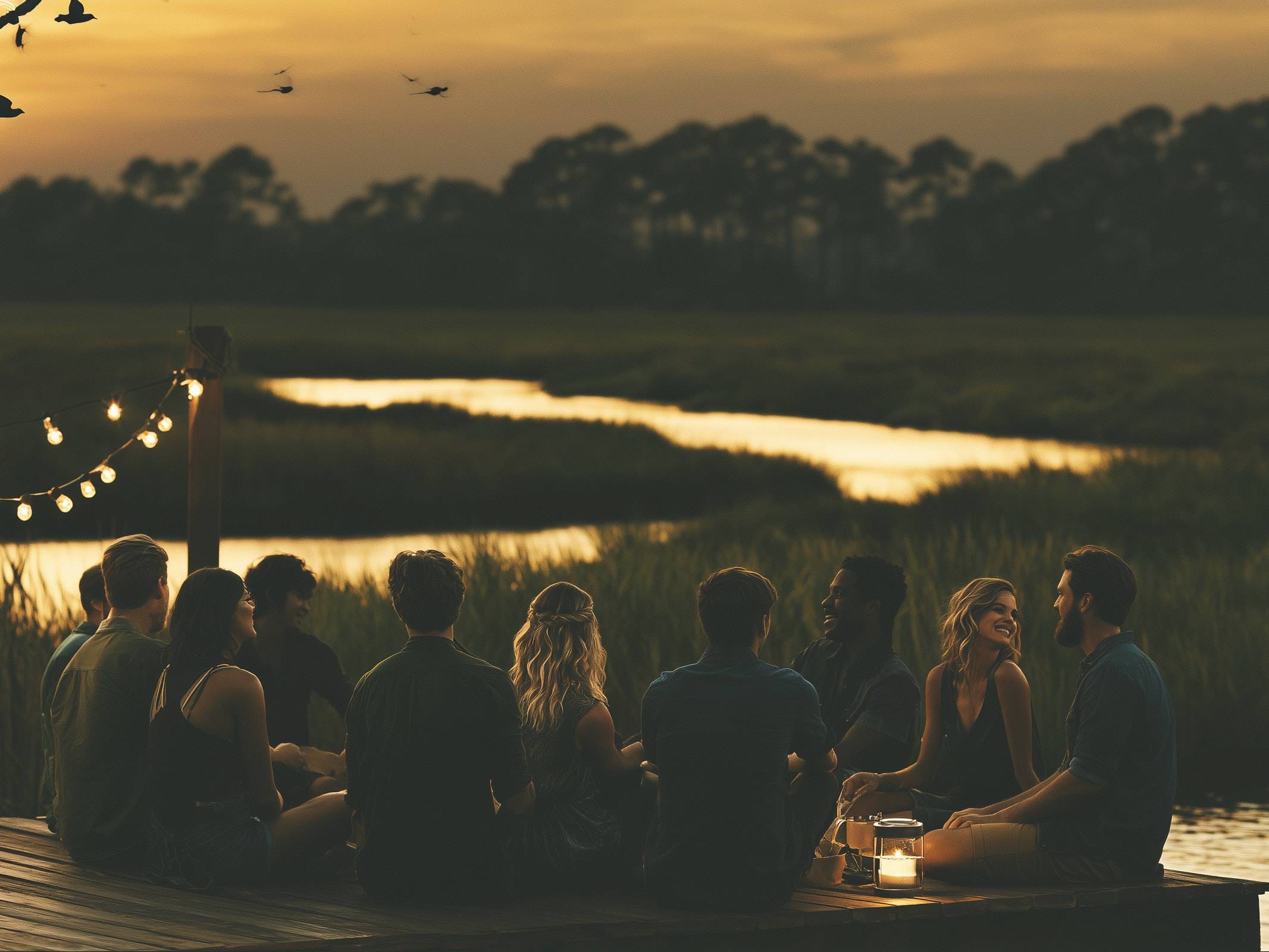 A group of friends gathered on a lantern-lit dock overlooking the marsh at sunset.