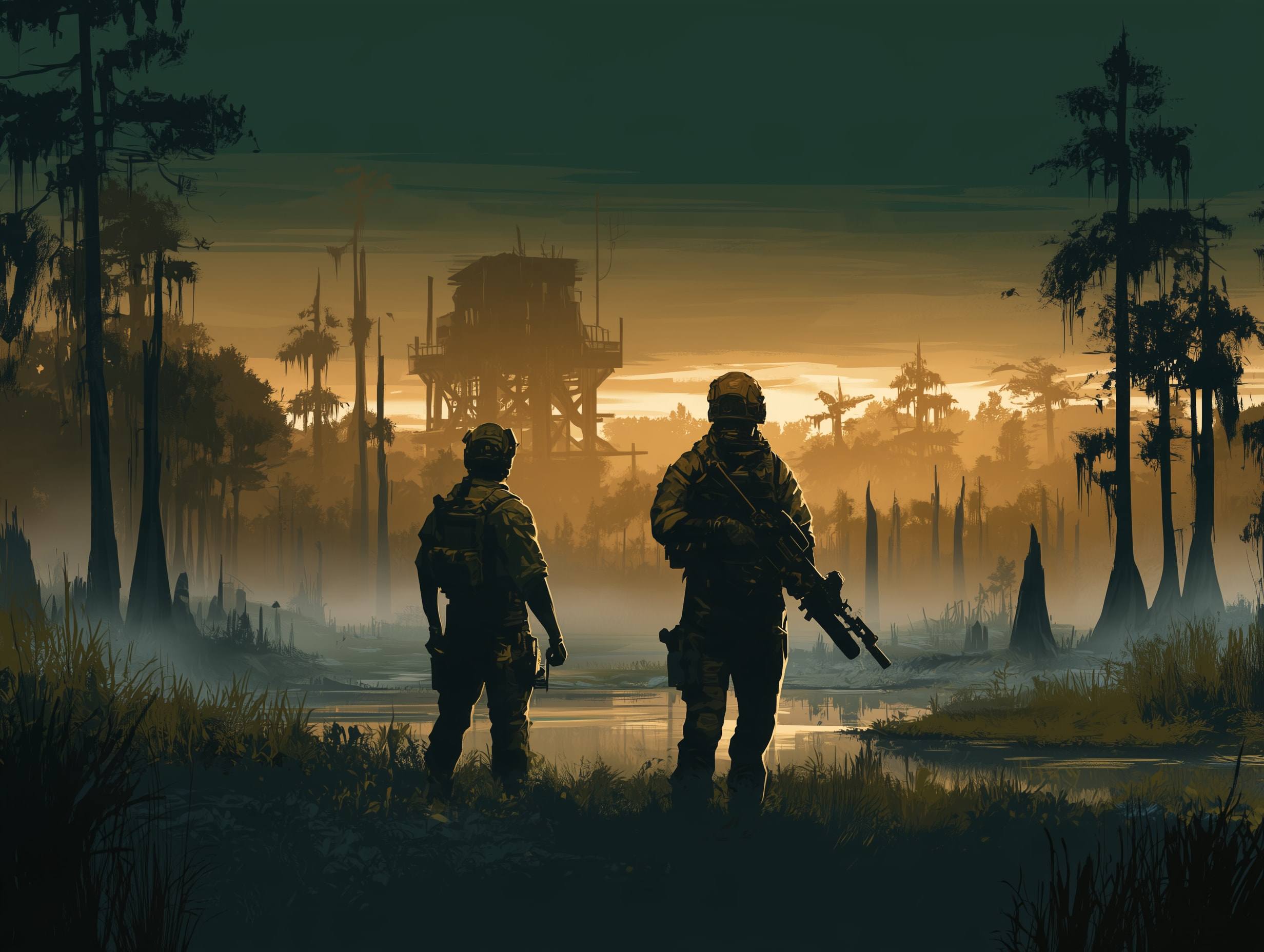 Placeholder art for Tournaments of War: two soldiers in tactical gear surveying a foggy marsh at dusk.