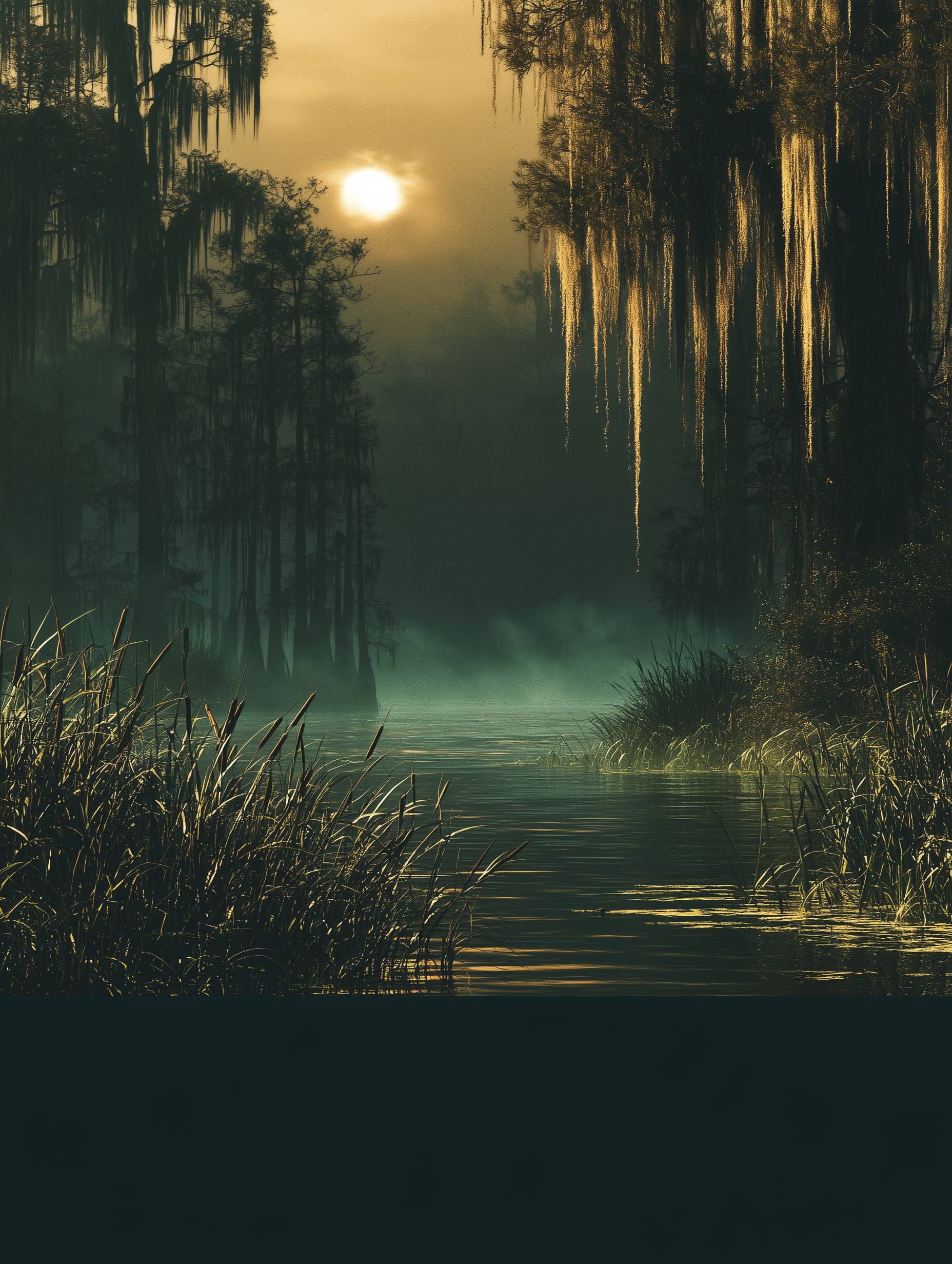 Press kit cover: a misty cypress bayou at sunrise framed by reeds and Spanish moss.